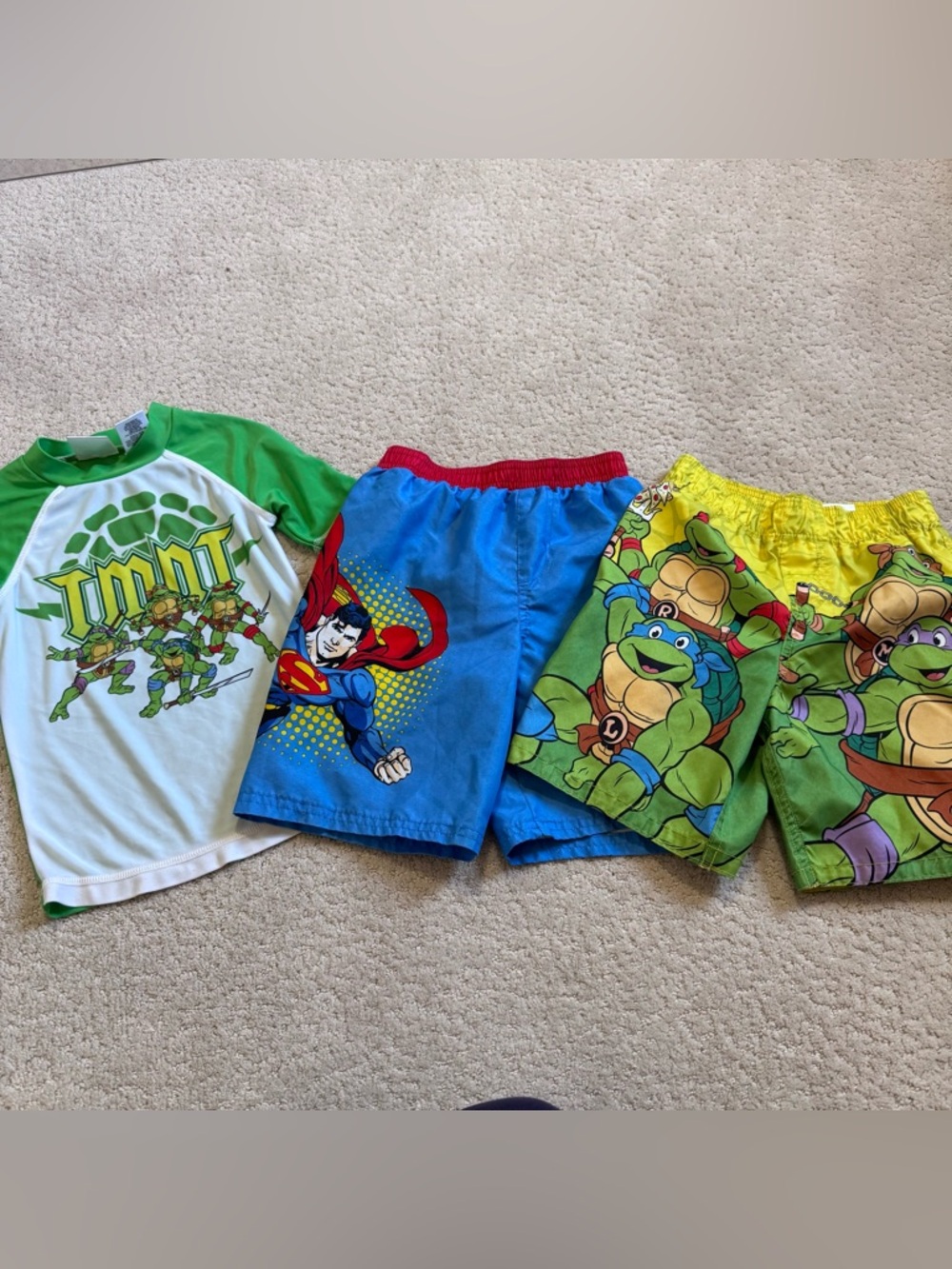 Vintage Boys Swim Trunks Suit Rash Guard Bundle TMNT Ninja Turtles Superman 4T